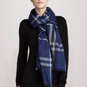 Burberry Navy Large Check Gauze Scarf